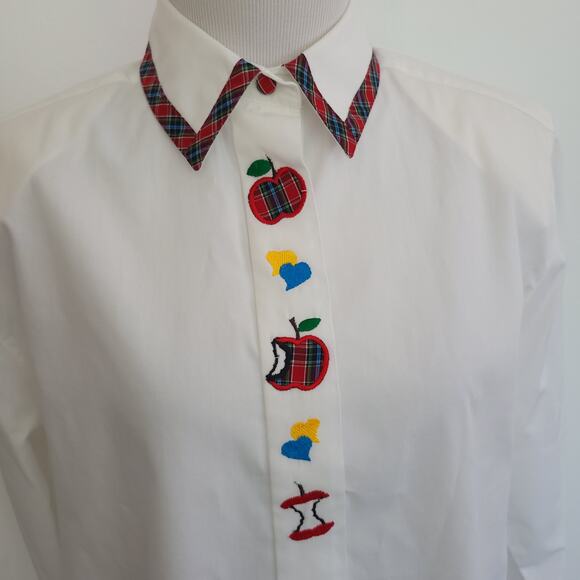 Karen Scott Teacher Button Front Shirt Apple Embroidery Plaid Trim Women Small - Picture 5 of 13
